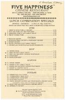 Five Happiness lunch menu