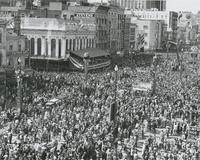 Aerial View of Mardi Gras on Canal Street with sign 